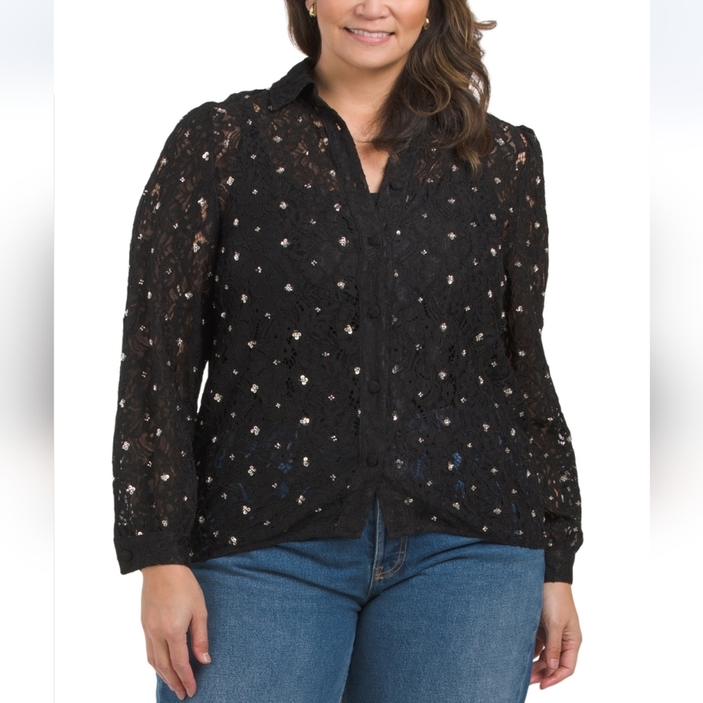 Bagatelle Collection Plus Black Embellished Lace Shirt